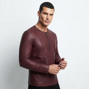 Camiseta de Cuero Genuino Premium para Hombre, Cuello Redondo con Media Cremallera, Manga Larga, Estilo Formal, Ajustada, de Cuero Vacuno Suave - Product Image 1