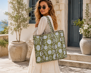 Floral Cotton Eco-Friendly Reversible Bohemian Open Top Tote Bag All Seasons <b>Quilted</b> Shopping Bag From Rajasthan - Product Image 1