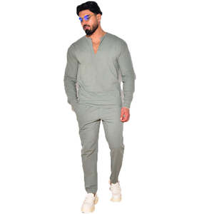 ชุดเสื้อแขนยาวและกางเกงขายาว 2 ชิ้นสำหรับผู้ชาย ระบายอากาศได้ดี สวมใส่สบาย เนื้อผ้าฝ้าย 100% ชุดลำลองสำหรับฤดูร้อนสำหรับผู้ชาย - Product Image 1