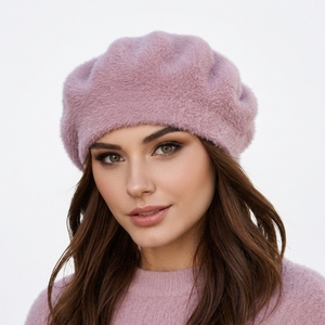 Béret en fausse fourrure rose doux et de qualité supérieure, personnalisé en gros, unisexe, décontracté, tricoté à la main, couleur unie, pour adulte, 54-56CM - Product Image 1