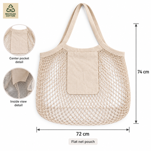Sac de courses en filet de coton naturel 72x74cm, réutilisable, pour marché et produits frais, avec logo personnalisé, vente en gros, OEM, ODM, marque privée, en vrac, B2BPro - Product Image 4