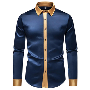 Men's Navy Blue Gold Color Blocked Satin <b>Dress</b> Shirt Full Sleeve Turn-down Collar Formal Style - Product Image 4