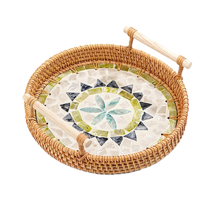 Bandeja de servir ecológica de nácar y ratán con asa, forma redonda, para mesa de boda, bandeja de almacenamiento de vidrio a precio económico. - Product Image 1