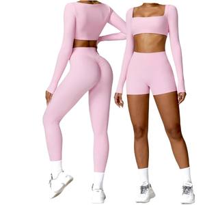 Nuevo conjunto de yoga personalizable para mujer, ropa de gimnasio de 2 piezas a la moda con estampado de logotipo frontal, color sólido, venta al por mayor de Pakistán - Product Image 3