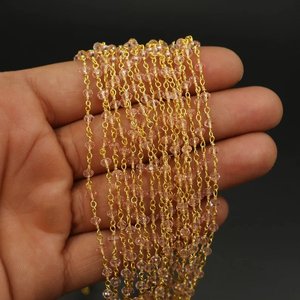 Chaîne de chapelet en quartz rose hydro, perles rondelles facettées de 3 mm, chaîne de bijoux enroulée de fil plaqué or, fourniture - Product Image 6