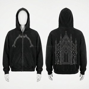 Sweat à capuche surdimensionné personnalisé pour homme, noir délavé, style vintage, imprimé graphique gothique vampire météorologie, en coton épais - Product Image 4