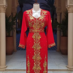 Kaftan Maxi Traditionnel Marocain Rouge Élégant et Luxueux pour Femme, Fait Main avec Perles de Pierre, Design Personnalisé, Antistatique 2026 - Product Image 1