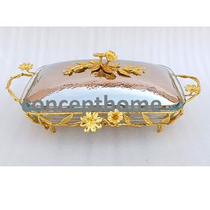 Plat en verre de luxe avec couvercle et motif floral décoratif, plat de service élégant pour la maison, l'hôtellerie et la restauration, logo accepté, style occidental. - Product Image 4