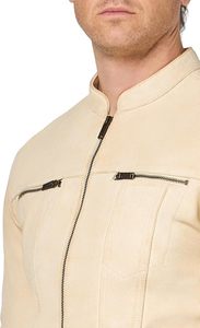 เสื้อแจ็คเก็ตหนัง PU ทรงสลิมฟิตสำหรับผู้ชาย คอตั้ง ปิดด้วยซิป สีครีมล้วน ความยาวปกติ เหมาะสำหรับใส่ในฤดูใบไม้ร่วง - Product Image 5