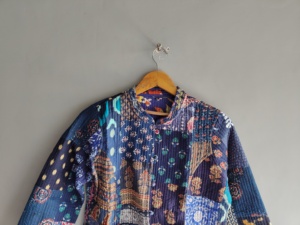 Women's Quilted Patchwork Jacket Mandarin Collar Full Sleeves Regular Length <b>Covered</b> <b>Buttons</b> Closure Eco-Friendly Breathable - Product Image 2