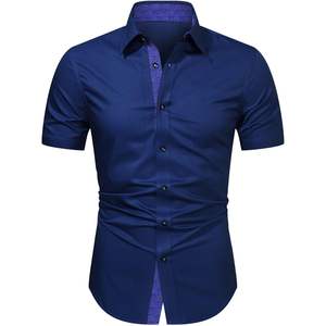 เสื้อเชิ้ตผู้ชายสั่งตัด ผ้าฝ้าย 100% ไม่ยับ ทรงปกติ ติดกระดุม แขนสั้น สไตล์ลำลอง สีน้ำเงิน 3 ไซส์ XL ถึง 6XL - Product Image 1