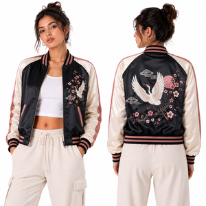 Chaqueta Bomber Corta Personalizada para Mujer en Satén con Diseño de Cisne y Ribete Acanalado, Fabricante de Ropa al por Mayor con Marca Privada, MOQ Bajo - Product Image 1