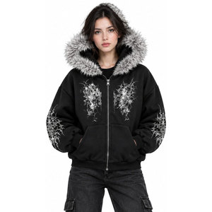 Sweat à capuche zippé en fausse fourrure noire pour femme avec motif imprimé blanc, veste d'hiver en polaire coupe classique style hip-hop - Product Image 4