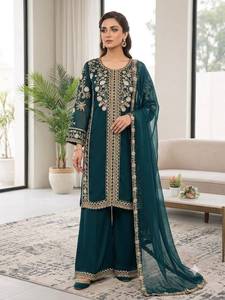 Ensemble indien pakistanais en viscose brodée Emraan, vert, style Sharara, avec dupatta en tulle, réversible, pour occasions festives et formelles - Product Image 2