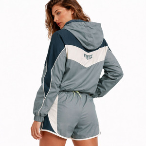 Women's Color Block Hooded Windbreaker Shorts Set Lightweight Running Tracksuit Custom Summer Designer Windbreaker Set Supplier - Product Image 2