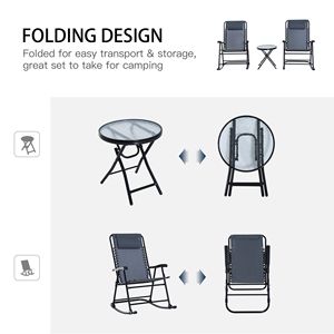 Set Bistrot a Dondolo da Esterno in 3 Pezzi, Grigio, con Sedia Pieghevole e Tavolino in Vetro per Giardino, Patio, Terrazza - Product Image 4