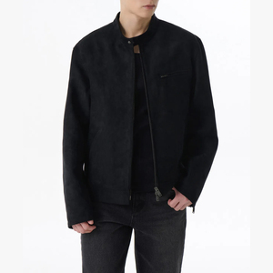 Men's Black Suede Bomber <b>Jacket</b> Stand Collar Zipper Closure <b>Casual</b> Regular Fit Autumn Wear - Product Image 1