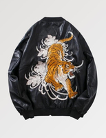 Blouson Bomber Tiger 'Akigara' en toile brodée style patchwork tatouage traditionnel unisexe hiver Sukajan respirant devant