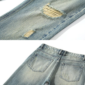 Jeans en denim premium pour hommes, design personnalisé, coton extensible, streetwear, jeans en denim délavé tendance, coupe droite ample, automne - Product Image 3