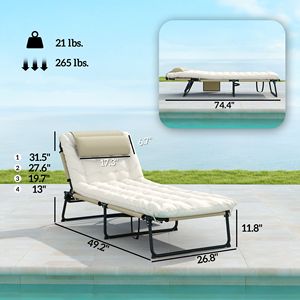 Sdraio Pieghevole Beige per Piscina, 4 Livelli di Reclinazione, Cuscino Posteriore, Tasca Laterale, Poggiatesta per Hotel e Piscine, in Rattan e Ferro - Product Image 3