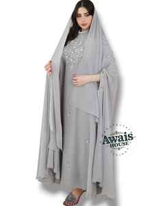 Awais House Women's Grey Beaded Embroidery Polyester Fiber <b>Chiffon</b> Floor-Length Modest Evening Dress V-neck Full Sleeve Natural - Product Image 4