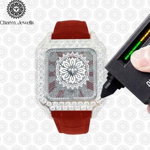 Charm_Jewells Luxury Men's Stainless Steel Watch 40mm Diamond Accents <b>Red</b> Leather Band Analog <b>Date</b> Mechanical Movement 10 Bar - Product Image 2