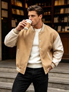 แจ็คเก็ตวาร์ซิตี้บุรุษ ปักโลโก้ตามสั่ง แจ็คเก็ตหนัง Letterman ปักลาย ปกคอพับ ผู้ผลิตจากโรงงาน เสื้อผ้าฤดูใบไม้ร่วงและฤดูหนาว - Product Image 3