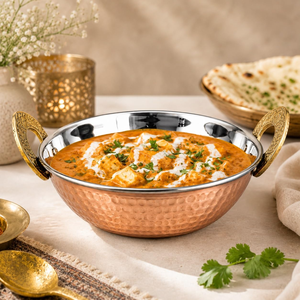 Karahi de service en cuivre martelé et acier inoxydable, artisanal, pour cuisine indienne, ustensile de cuisine et de service en métal pour cuisine et restaurant - Product Image 3