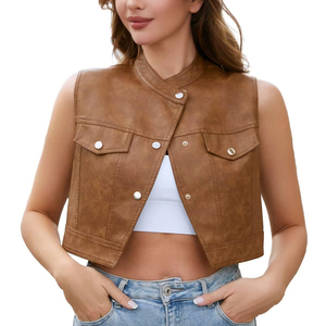 Chaleco de Cuero Genuino para Mujer, Color Marrón, Casual, Sin Mangas, Cuello Alto, Cierre de Broches, Top Corto, Prenda Exterior de Moda para Dama, Superventas - Product Image 1