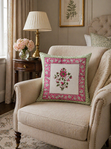 Pink Botanical Hand Block Printed Cushion Cover <b>Square</b> Cotton Decorative <b>Pillow</b> Cover for Sofa Couch and Lounge - Product Image 2