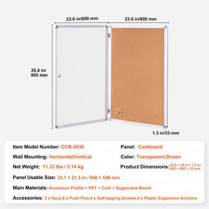 Tablero de Corcho Enmarcado en Aluminio de 36 x 24 Pulgadas con Puerta Acrílica con Cerradura y 2 Llaves, Tablero de Anuncios de Pared Resistente a la Intemperie - Product Image 4