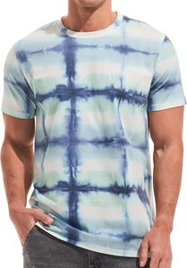 Men's <b>Tie</b>-Dye Plaid Short Sleeve O-Neck Casual T-Shirt Regular Fit <b>Knitted</b> Blue White Pattern - Product Image 4