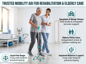 Bâton de marche à quatre pieds réglable en hauteur en acier doux pour personnes âgées et rééducation de la mobilité des patients - Product Image 6