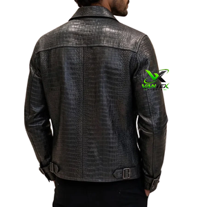 VANTEX SPORTS Blouson Moto Hiver Homme en Cuir Véritable Respirant Effet Peau de Serpent Vintage Col Montant Décontracté - Product Image 4