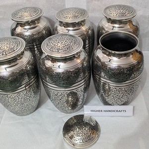 Hand-Etched Nickeled Brass Adult <b>Urn</b> - <b>Large</b> Premium Silver Finish Cremation <b>Urn</b> for Human Ashes - Metal Funeral Supplies Bulk - Product Image 3