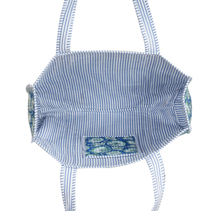 Handmade Lightweight Eco-Friendly Quilted Cotton Tote <b>Bag</b> Blue Green Floral Block Print Reversible Open Summer Autumn Washable - Product Image 3