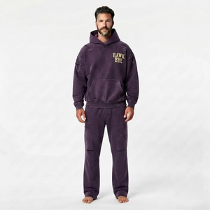 Ensemble de survêtement homme délavé coupe décontractée avec sweat à capuche à épaules tombantes et poche kangourou et pantalon de jogging large, effet délavé à l'acide, deux pièces - Product Image 4