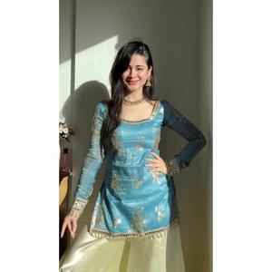 Ensemble haut, pantalon palazzo et dupatta en coton, design moderne, tenue ethnique élégante pour femmes, pour mariage, fête, festival, vêtements traditionnels - Product Image 1