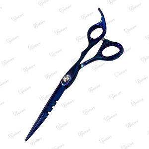 กรรไกรตัดผมดีไซน์ใหม่ทันสมัยขนาด 6.5 นิ้ว ลายฉลุเลเซอร์คมกริบ กรรไกรตัดผมแบบแบน สีน้ำเงินและสีทองเคลือบพลาสม่า - Product Image 4