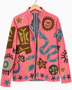 Veste Suzani en velours rose brodée et patchwork, col mandarin à points ouverts, entièrement imperméable et respirante en coton, pour l'hiver et l'été - Product Image 1