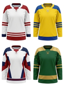 Maillot de hockey sur glace pour femmes, blanc et rouge, manches longues, col en V, en maille polyester anti-humidité, vêtement de sport - Product Image 6