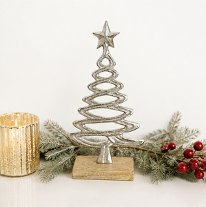 Handmade Silver Metal Christmas <b>Tree</b> Sculpture With Natural Wood Base Elegant Aluminum <b>Tabletop</b> Ornament For Festive Home Decor - Product Image 6