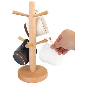 Support à tasses en bois massif naturel de qualité supérieure avec 6 crochets, porte-gobelets, organisateur de table et de cuisine, accessoires gain de place - Product Image 1