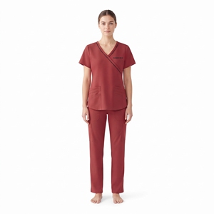 Ensemble de blouses médicales Hawkeye pour femmes, haut rouge à col en V et pantalon, uniformes d'hôpital avec poches, tissu polyester tissé - Product Image 3
