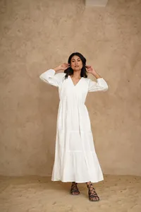 Robe longue d'été élégante pour femmes, coupe ample, col en V, manches longues, style bohème - Product Image 3