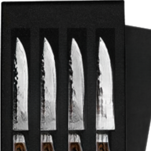 Ensemble de 4 couteaux à steak en acier inoxydable martelé, lames aiguisées avec manches en bois, coffret cadeau pour la découpe de viande de bœuf et de dîner - Product Image 4