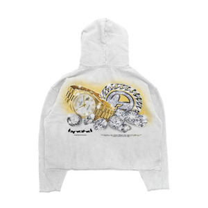 Sweat à capuche zippé blanc pour homme, coupe droite, longueur standard, imprimé numérique graphique Hip Hop, motif chaîne de montre au dos, style streetwear, 100% coton - Product Image 1