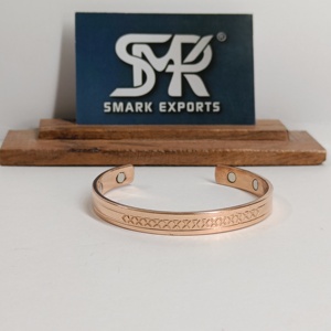 Traditional Geometric Cross Pattern Pure Copper Handmade Open Cuff Bangle <b>Bracelet</b> with Minimal Etched Design - Product Image 2