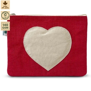 Pochette de maquillage en jute laminée rouge avec logo personnalisé, 22,5x15 cm, patch cœur, fermeture éclair, trousse de toilette de voyage, vente en gros, OEM, ODM, usine - Product Image 1