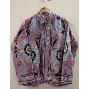 Chaqueta de terciopelo morado para mujer, cuello mandarín, bordado floral, estilo Prairie Chic, abrigo de otoño, chaqueta de terciopelo Suzani hecha a mano - Product Image 6